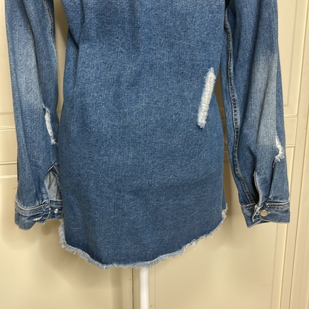 Women’s Oversized Denim Jacket Casual Long Boyfriend Distressed Blue Jean Sz M - Picture 9 of 10